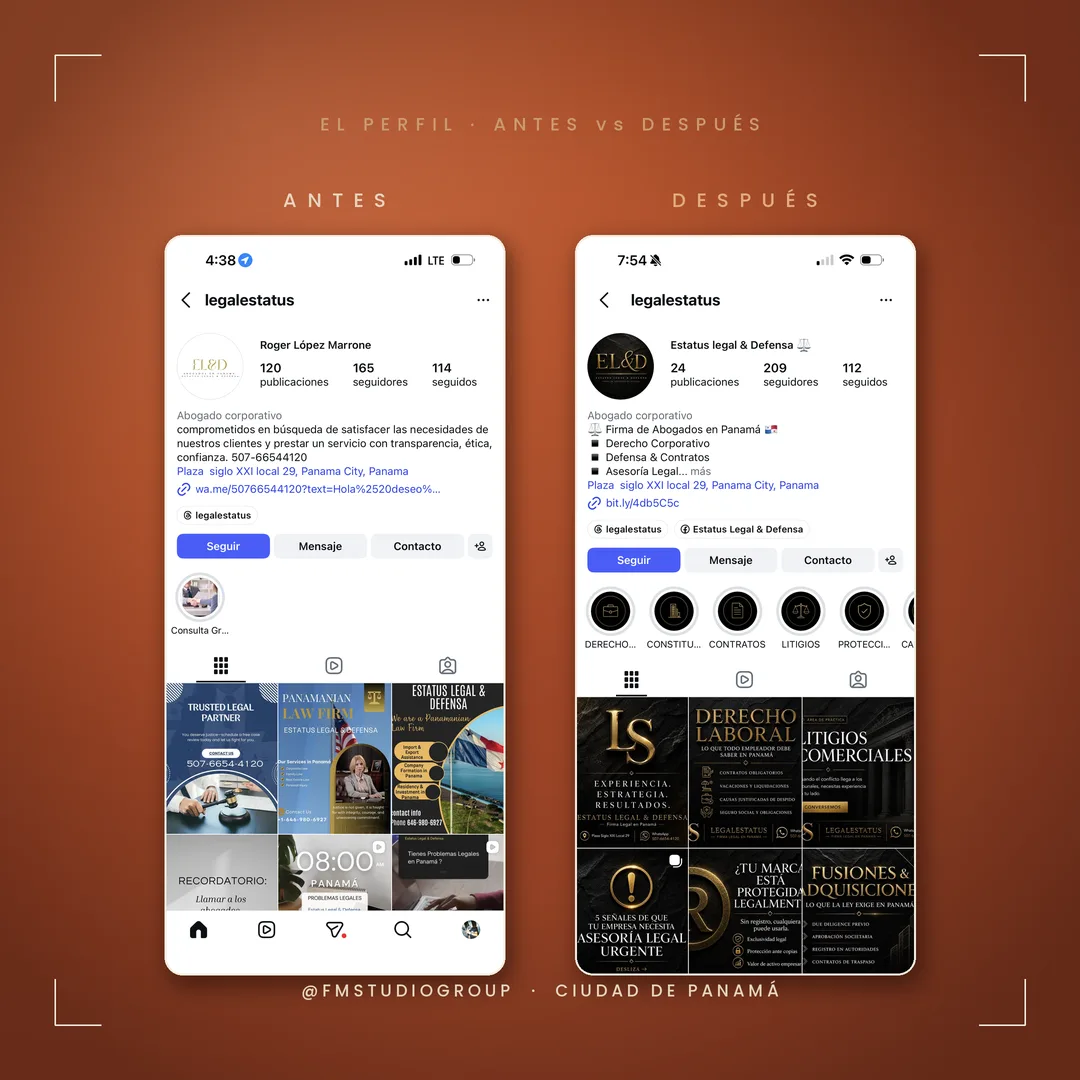 Perfil de Instagram de Estatus Legal & Defensa — antes y después del rediseño